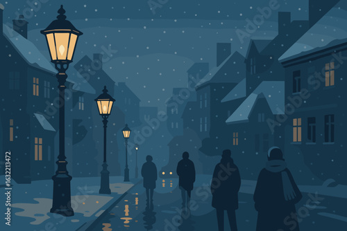 Snowy evening stroll along a charming street with vintage lanterns illuminating the way