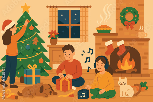 Family celebrates Christmas at home with tree decoration, gift opening, and cozy ambiance during the holiday season