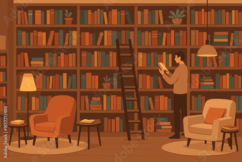 Quiet evening in a cozy reading nook with a man exploring a library filled with books
