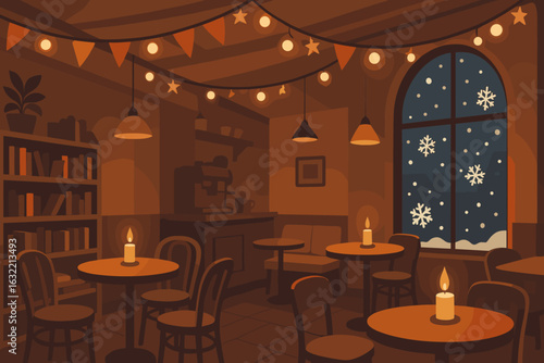 Cozy cafe interior with warm lighting and a winter view of snowflakes falling outside at night