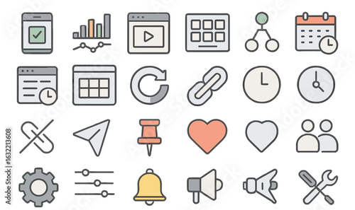 Collection of digital icons representing various functions such as scheduling, notifications, and social connections