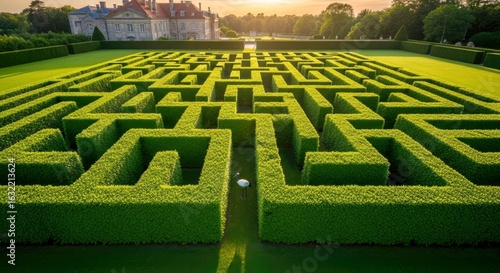 navigate the complexities of choice a lush green hedge maze before a historic manor at sunset
