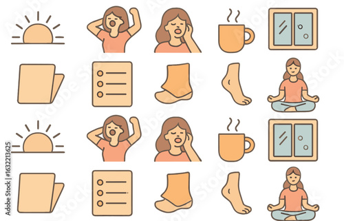 Morning routine elements depicting activities for relaxation, productivity, and wellness to start the day energized