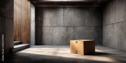 Wallpaper Mural Minimal room with concrete walls and wooden paneling features single cardboard box on floor illuminated by natural light, creating calm and simple atmosphere Torontodigital.ca