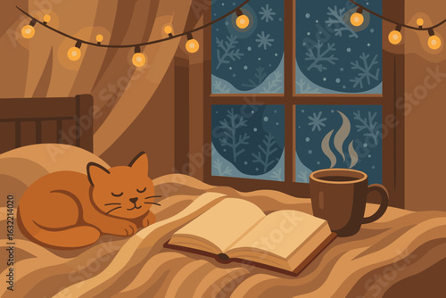 Cozy winter evening with a cat, warm drink, and an open book by the window