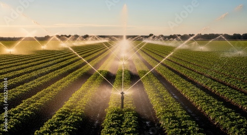 Lush Farm Irrigation, Water Sprinklers on Crops