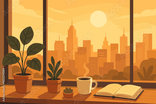 Sunset view from a cozy urban window with plants, a steaming cup, and an open book