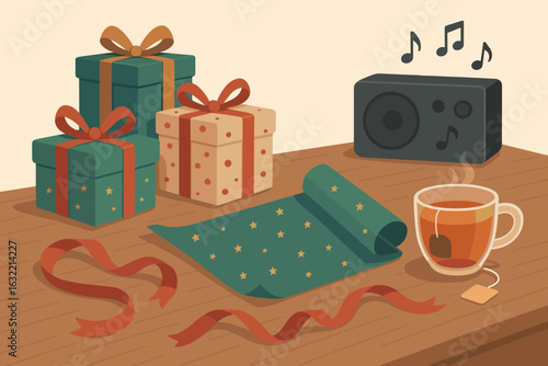 Creative gift wrapping with decorated presents, tea, and relaxing music on a cozy table