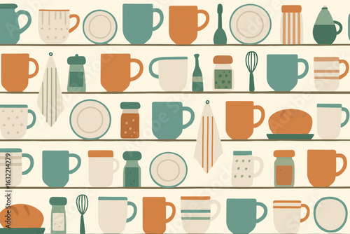 Colorful collection of kitchenware and utensils arranged artfully on a neutral background
