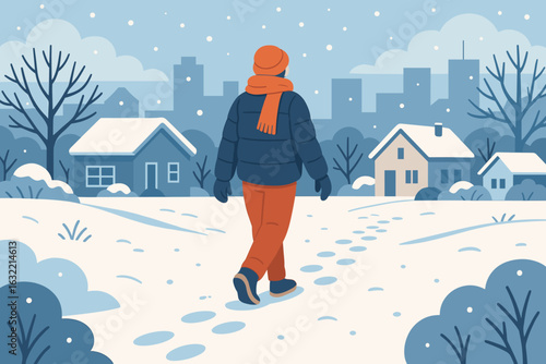 Winter stroll through a snowy neighborhood with a cozy atmosphere and city skyline in the background