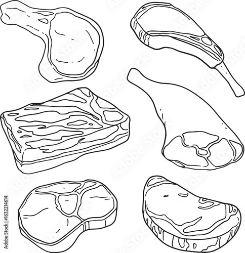A black and white line art vector illustration of a variety of meat cuts. The set includes different types of steaks and chops with distinct textures. This graphic is perfect for projects.