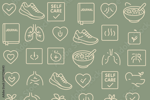 Self care and wellness icons displayed on a calming green background promoting healthy habits and mindfulness practices