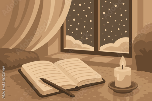 Cozy evening with a book and candle beside a frosty window during snowfall