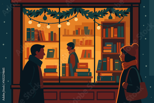 Couples enjoy a cozy winter evening while admiring a warmly lit bookstore display adorned with festive decorations