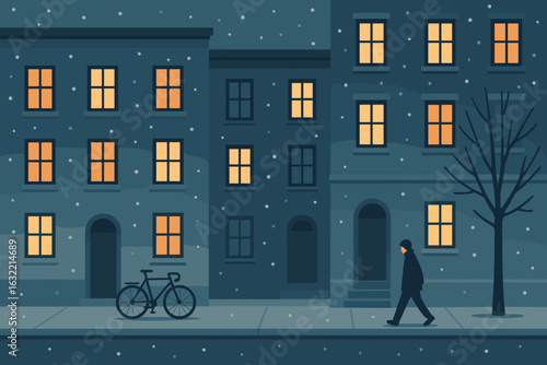 Quiet winter evening with snowfall and solitary figure walking past illuminated buildings