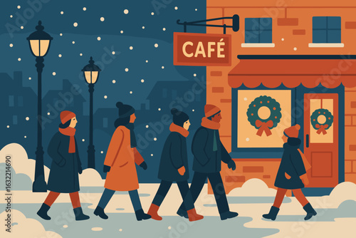 People walking in a winter evening near a cafe adorned with holiday decorations in a snowy atmosphere