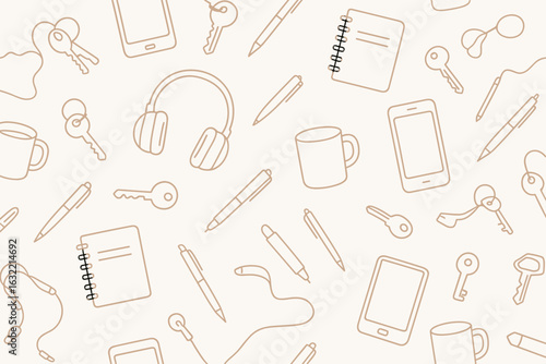 Creative workspace background featuring daily essentials like keys, headphones, and notebooks