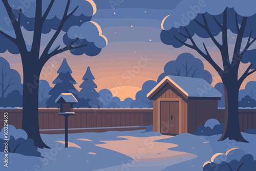 Winter sunset casts a warm glow over a snowy backyard with a wooden shed