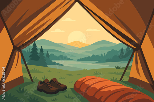 Beautiful sunset view from a camping tent overlooking mountains and a lake in serene nature setting