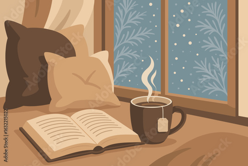 Cozy indoor setting with a warm drink and an open book by the winter window