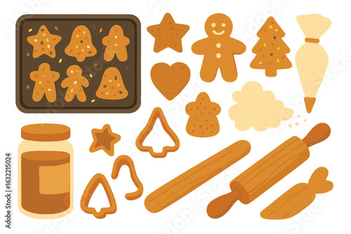 Gingerbread cookies baking essentials with decorations, shapes, and tools for festive celebrations in a cozy kitchen setting