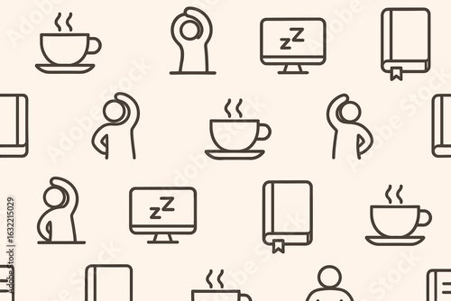 Creative pattern featuring coffee cups, yawning figures, and books in a minimalist design typical for modern workspaces