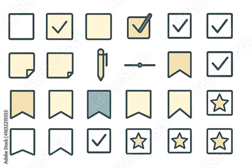 Collection of minimalist icons featuring checkmarks, bookmarks, and annotations in soft shades