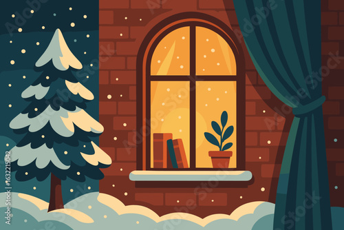 Cozy winter evening with snow falling outside a warmly lit window featuring books and a green plant