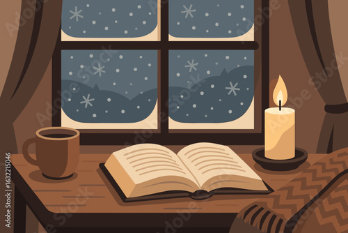 Cozy winter evening with a book, candle, and warm drink by the window as snow falls gently outside