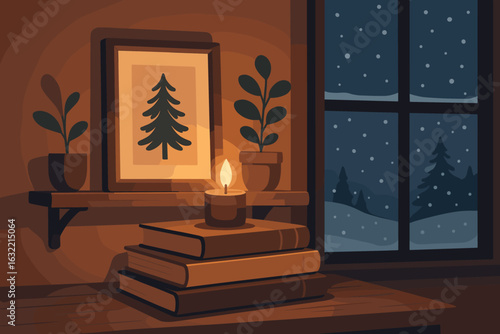 Cozy winter evening with candlelight, books, and a snowy window view