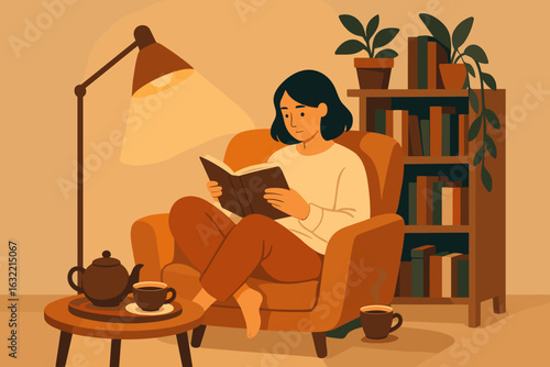 Cozy reading nook with a person enjoying a book and tea in a warmly lit living room