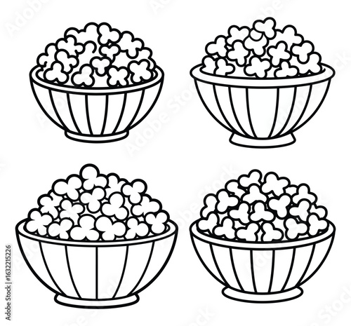 Four Bowls of Popcorn Outline Illustrations food snack