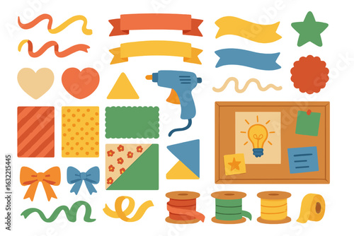 Crafting supplies and decorative elements for various creative projects in a studio environment