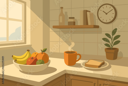 Fruit bowl, coffee, and toast on a kitchen counter during a bright morning