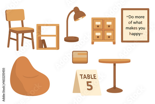 Furniture collection showcasing cozy interior elements for relaxation and productivity in a warm color palette