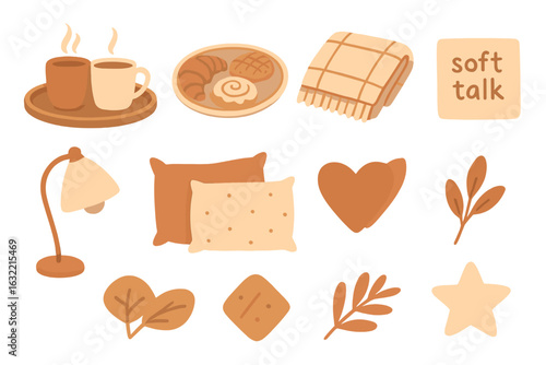 Cozy elements of warm drinks, baked goods, and soft textiles for a serene atmosphere at home