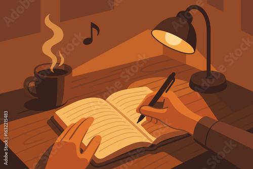 Cozy evening writing by lamp light with coffee and soft music in a warm setting