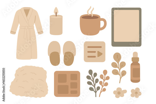 Cozy home spa items arranged on a white background for relaxation and self-care activities