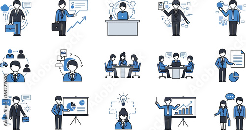 Various business people in different scenarios such as meetings and presentations are illustrated