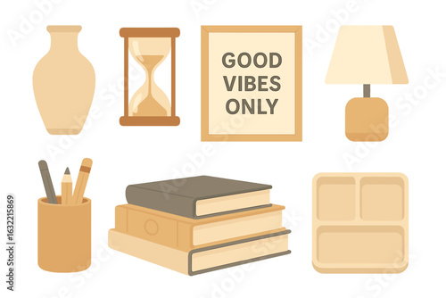 Decorative still life featuring home items like books, a lamp, and decorative accents for a calm atmosphere