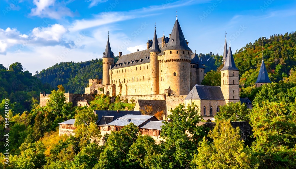 Fototapeta premium Magnificent medieval castle of Bourscheid nestled among lush green hills