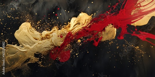 Dynamic swirl of gold and red paint on black background