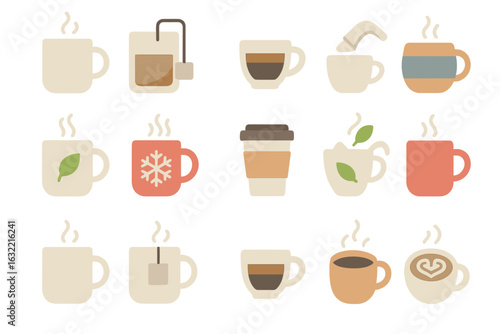 Various coffee cups displayed in a decorative pattern with steam rising in an inviting atmosphere