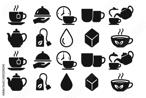 Collection of simple black and white icons representing tea and coffee preparation and serving activities