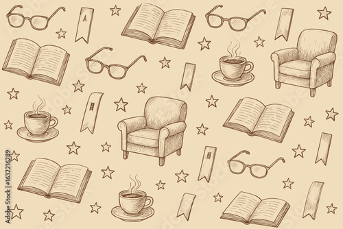 Cozy reading nook elements featuring books, chairs, glasses, and coffee on a warm background