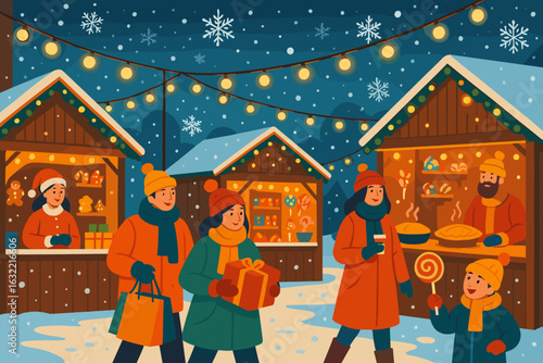 Winter festival featuring holiday market stalls with festive lights and visitors enjoying treats at night
