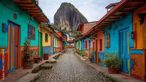 Guatapé colorful houses and stone monolith