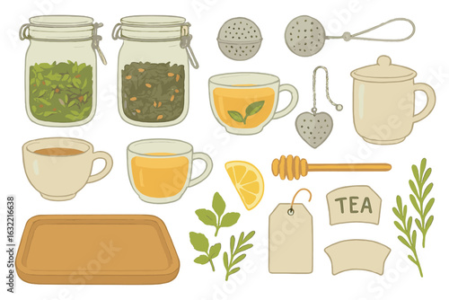 Various tea elements arranged on a surface showcasing jars, cups, and accessories ideal for tea preparation and enjoyment