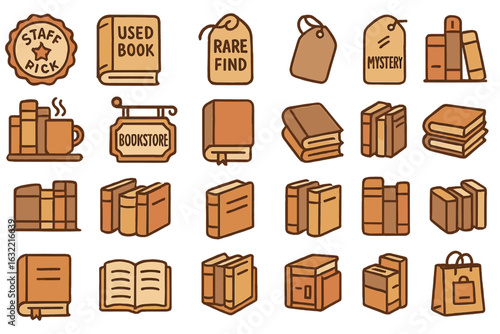 Collection of illustrations representing various aspects of a cozy bookstore environment and used book finds
