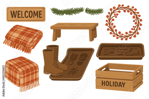 Decorative autumn and winter home accents featuring welcome signs, cozy blankets, and seasonal decorations for holiday gatherings